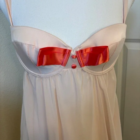 Victorias Secret Sexy Little Things Babydoll Chemise Peach Red Bow 36C - Picture 3 of 5